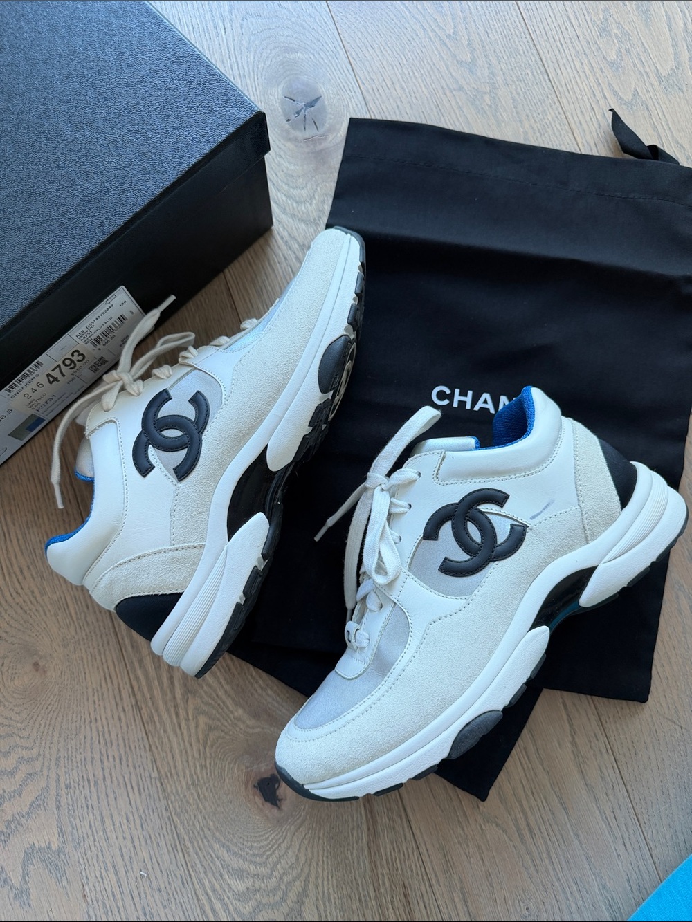 CHANEL White Leather Sneakers with Blue and Silver - Picture 2 of 9